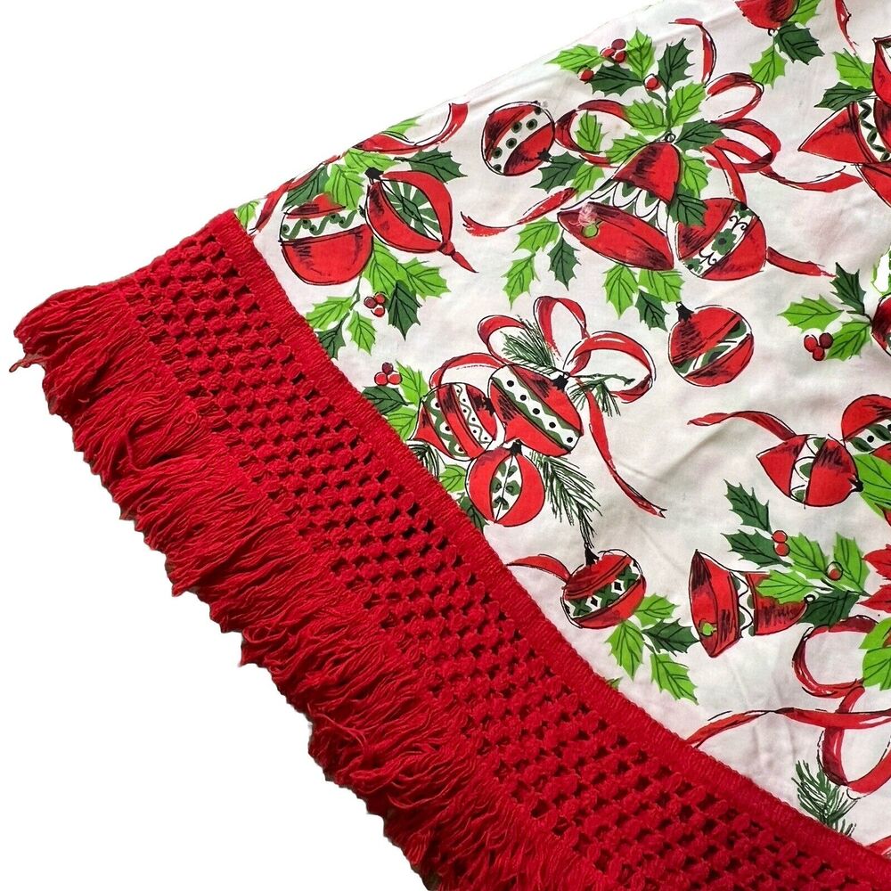 Vtg Christmas Round Tablecloth 72" Green Red Ornaments Fringe 1950s Rockabilly